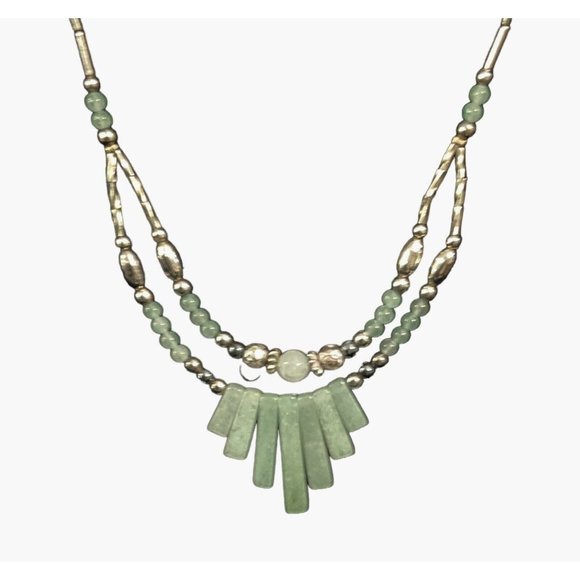 Silver & Jade Double Tiered Hand Crafted Beaded Necklace Indian Style Artisan - Picture 1 of 5
